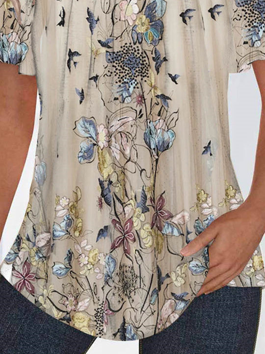 Women Short Sleeve U-neck Floral Printed Graphic Tops