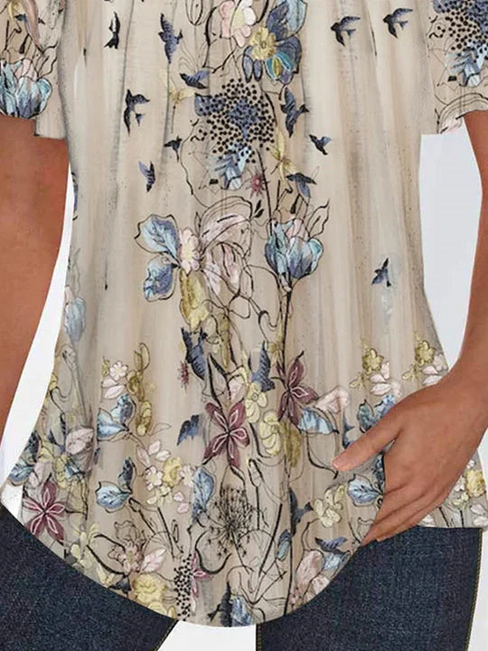 Women Short Sleeve U-neck Floral Printed Graphic Tops
