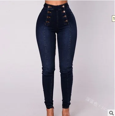 Uveng Uveng High-Waisted Casual Jeans Trousers Double Row Multi-Button Repair Elastic Small Foot Women's Pants Tide