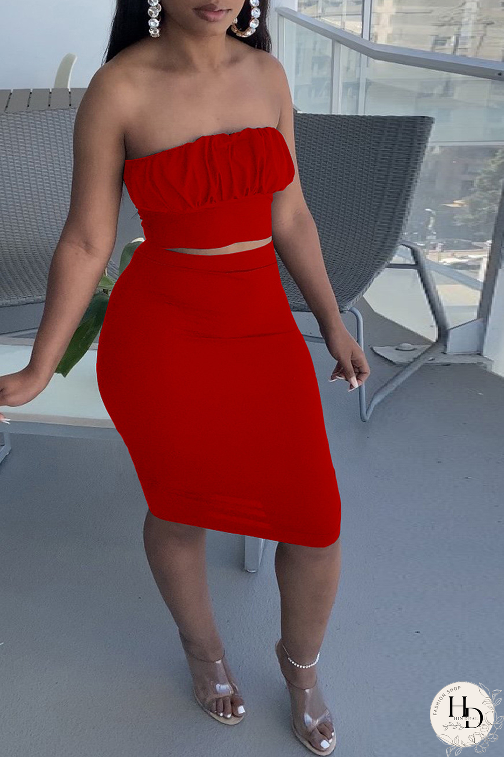 Dark Gray Sexy Solid Split Joint Strapless Sleeveless Two Pieces