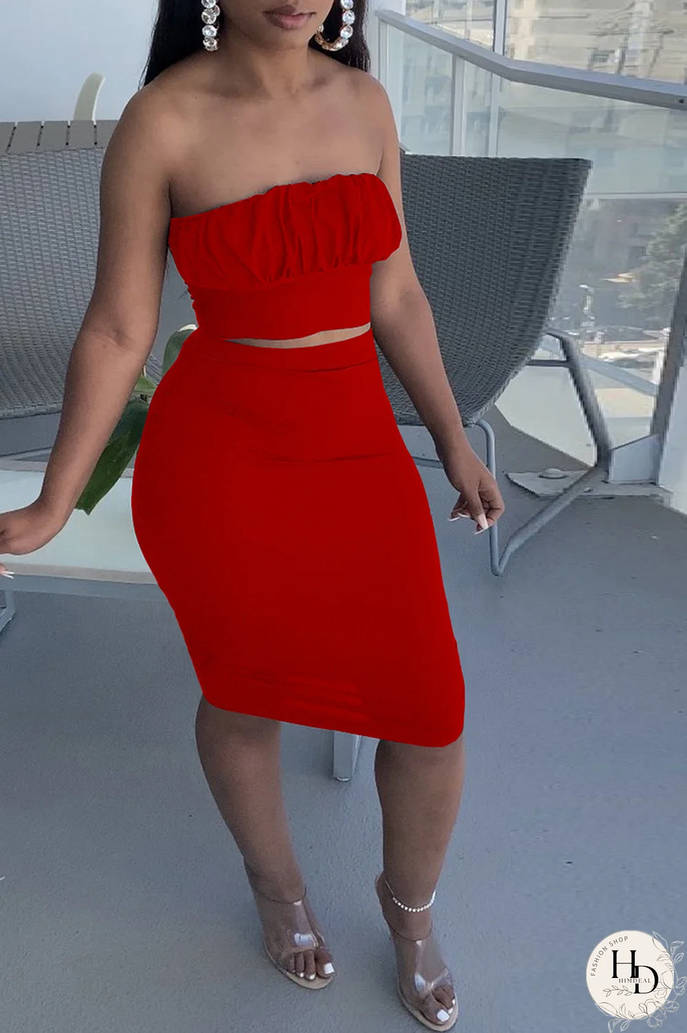 Dark Gray Sexy Solid Split Joint Strapless Sleeveless Two Pieces