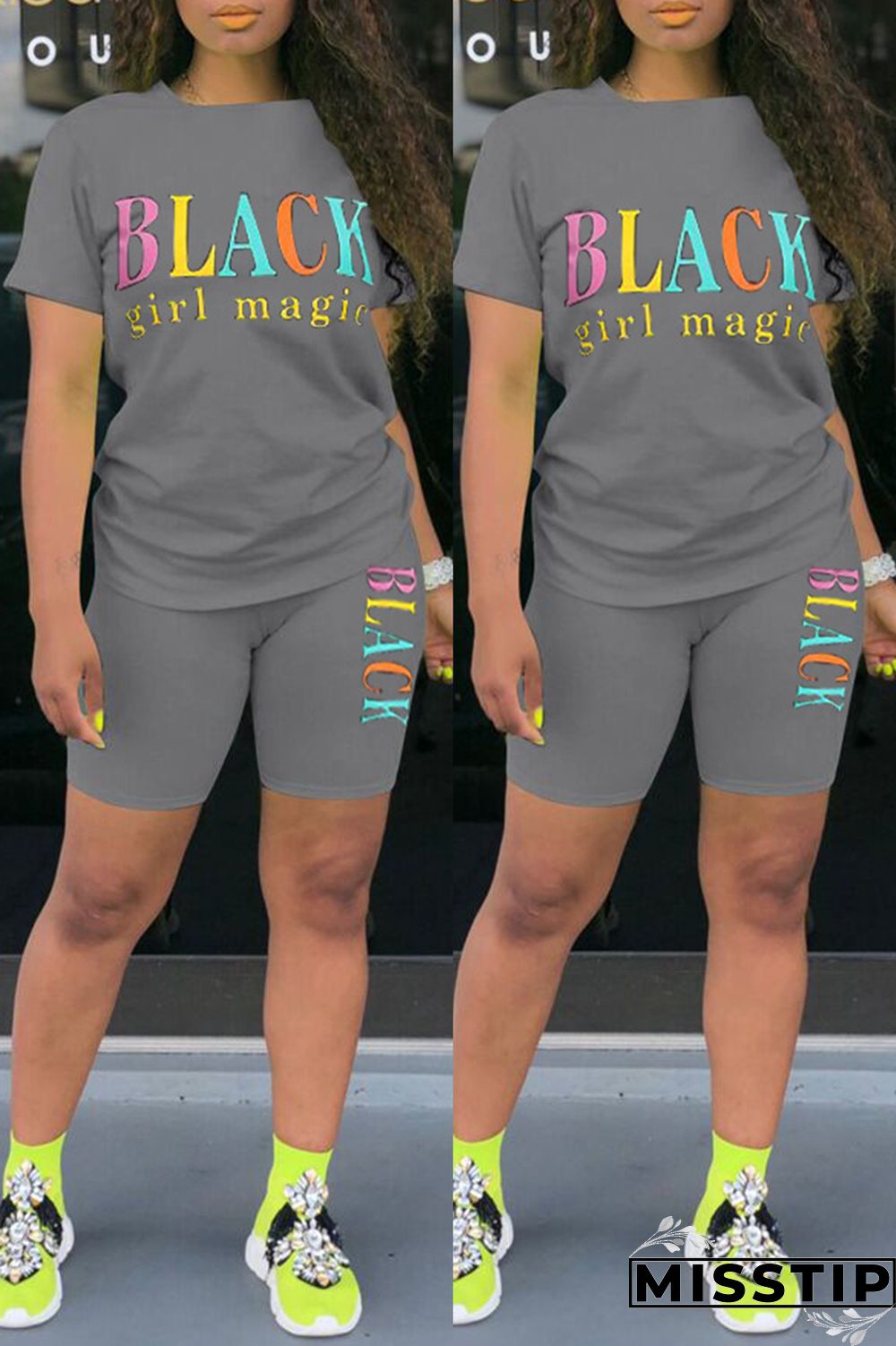 Blue Fashion Casual Letter Print Basic O Neck Short Sleeve Two Pieces