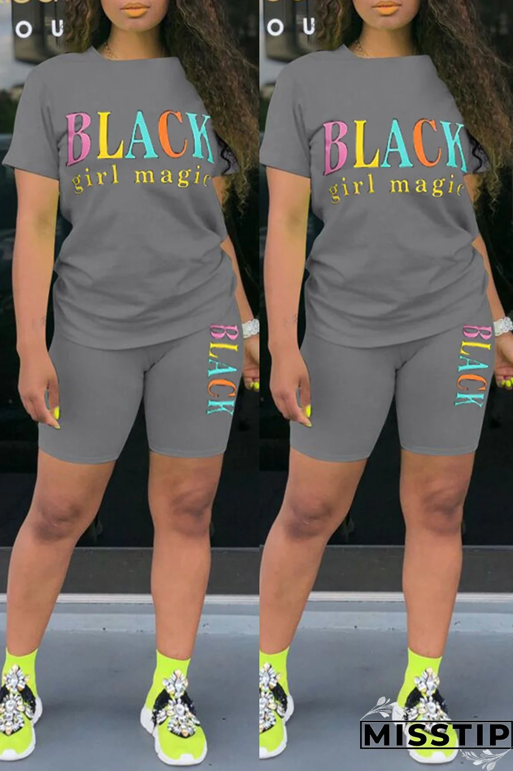 Blue Fashion Casual Letter Print Basic O Neck Short Sleeve Two Pieces