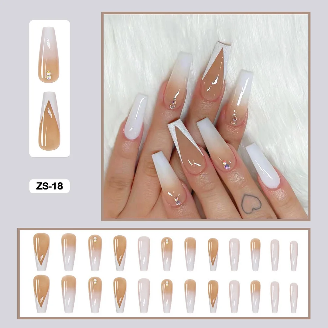 24pcs/box  Long Trapezoid Fake Nails  WIth Jewels Decorated Wearabel False Nails With Glue And Wearing Tools-Nail Inspo