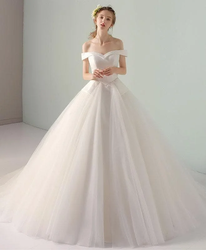 Simple White Tulle Off Shoulder Long Wedding Dresses