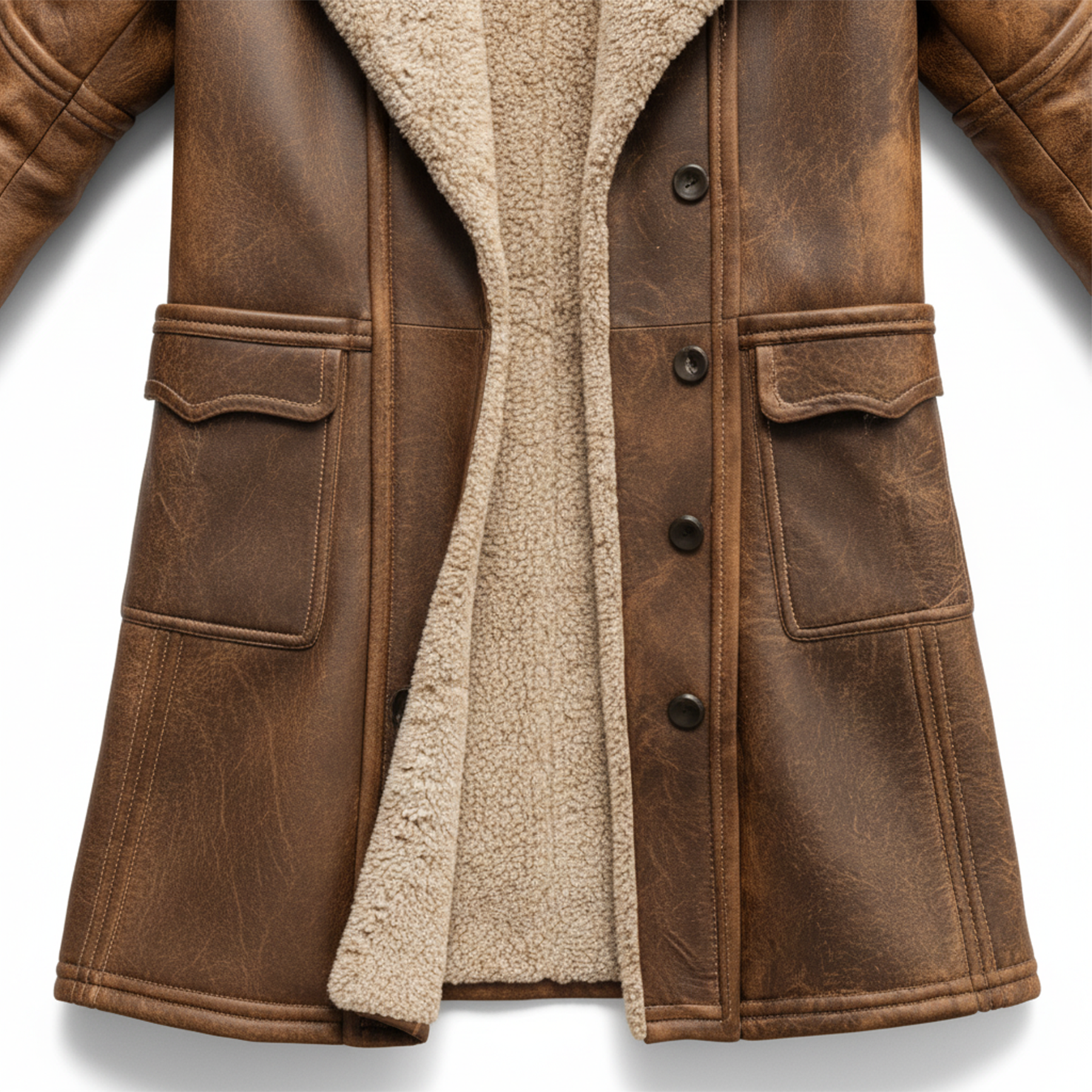 Men's Vintage Brown Leather Coat With Faux Fur Lining
