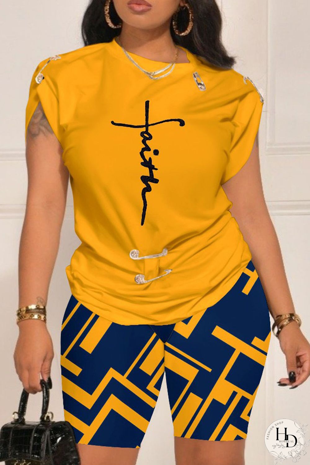 Dark Blue Casual Street Print Patchwork O Neck Short Sleeve Two Pieces