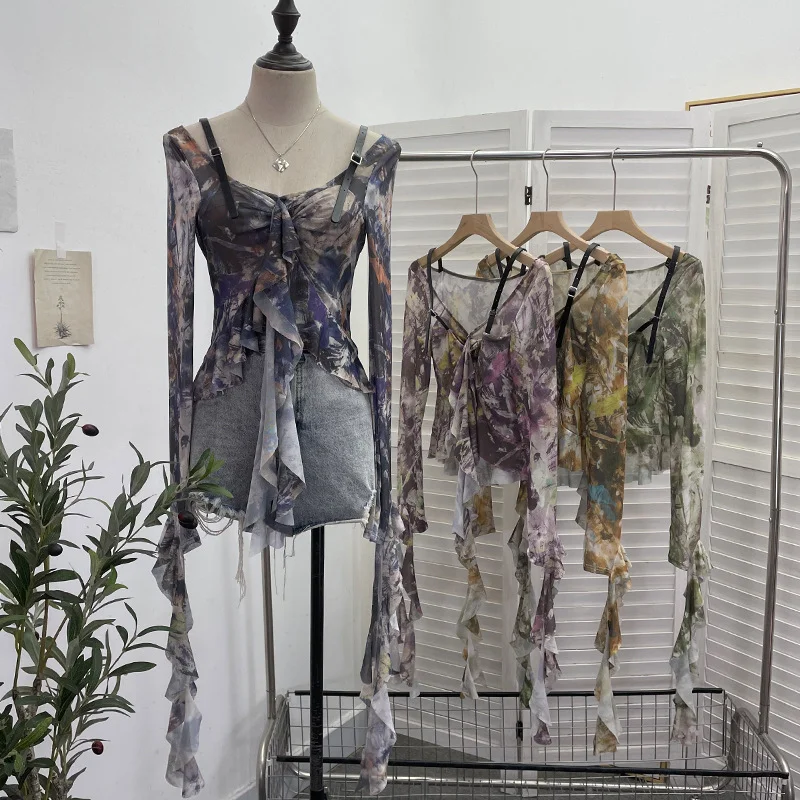 Uveng French Retro Oil Painting Wind Dyed Lotus Leaf Side Sling T-Shirts Long Sleeves Drifting Coat 2658