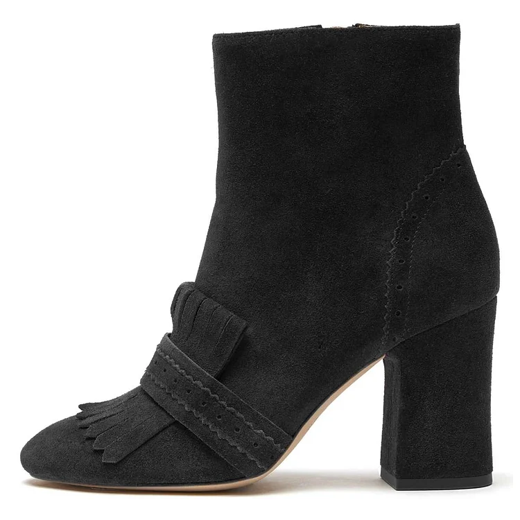 Black Fringe Suede Boots with Chunky Heel Vdcoo