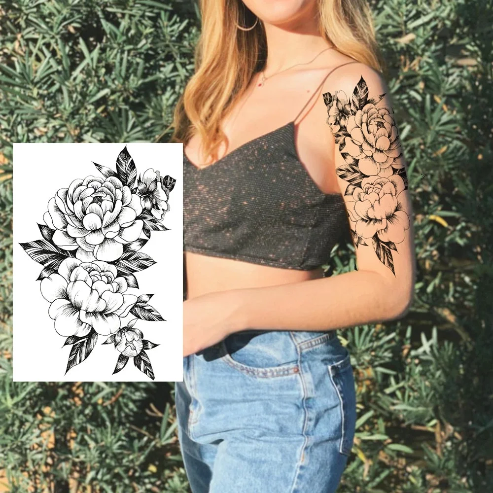 Realistic Sexy Peony Tattoos Temporary Women Adult Flower Arm Tattoos Sticker Waterproof Fake Floral Bloosom Body Leg Art Tatoos