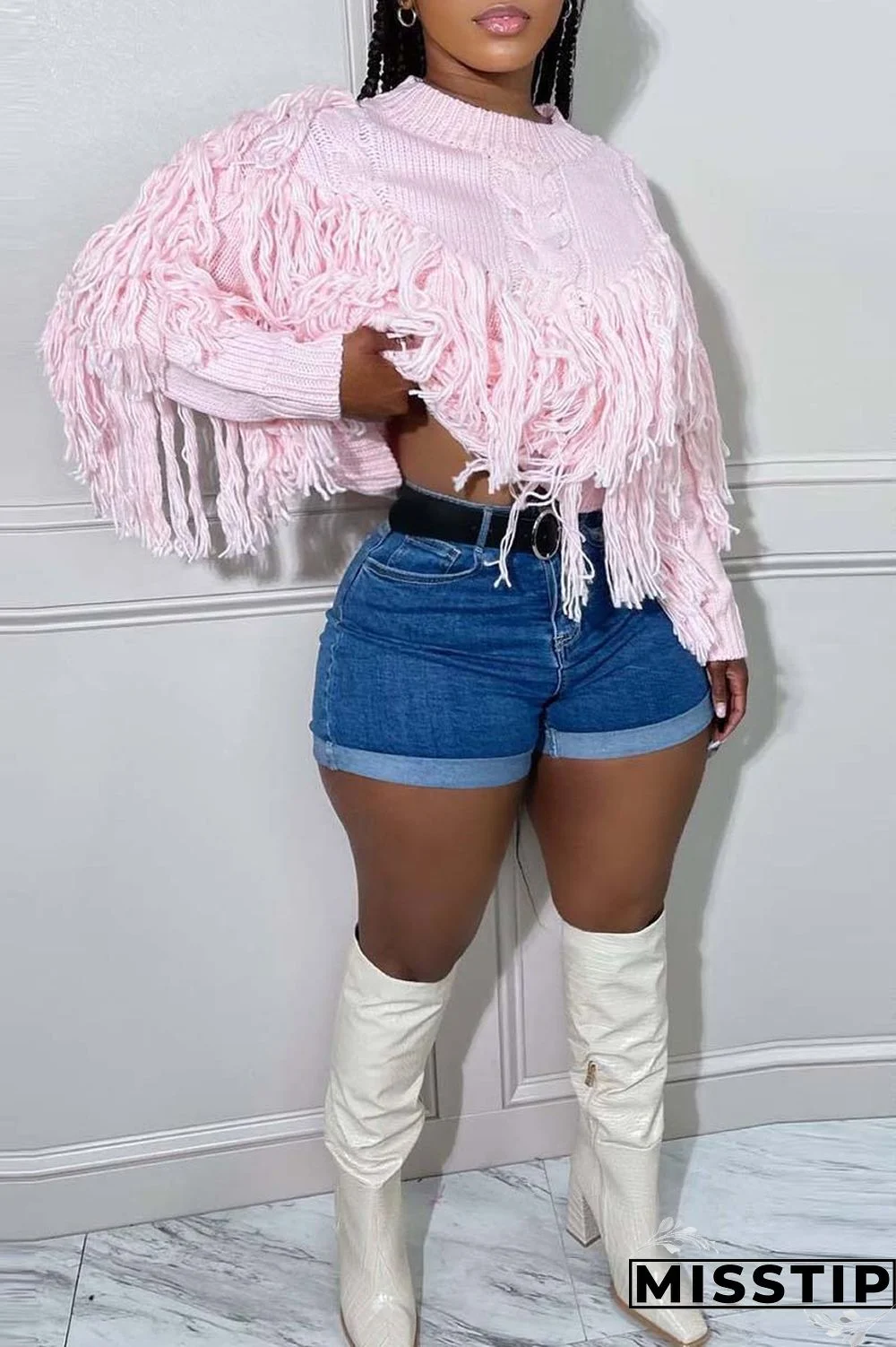 Black Casual Solid Tassel O Neck Tops