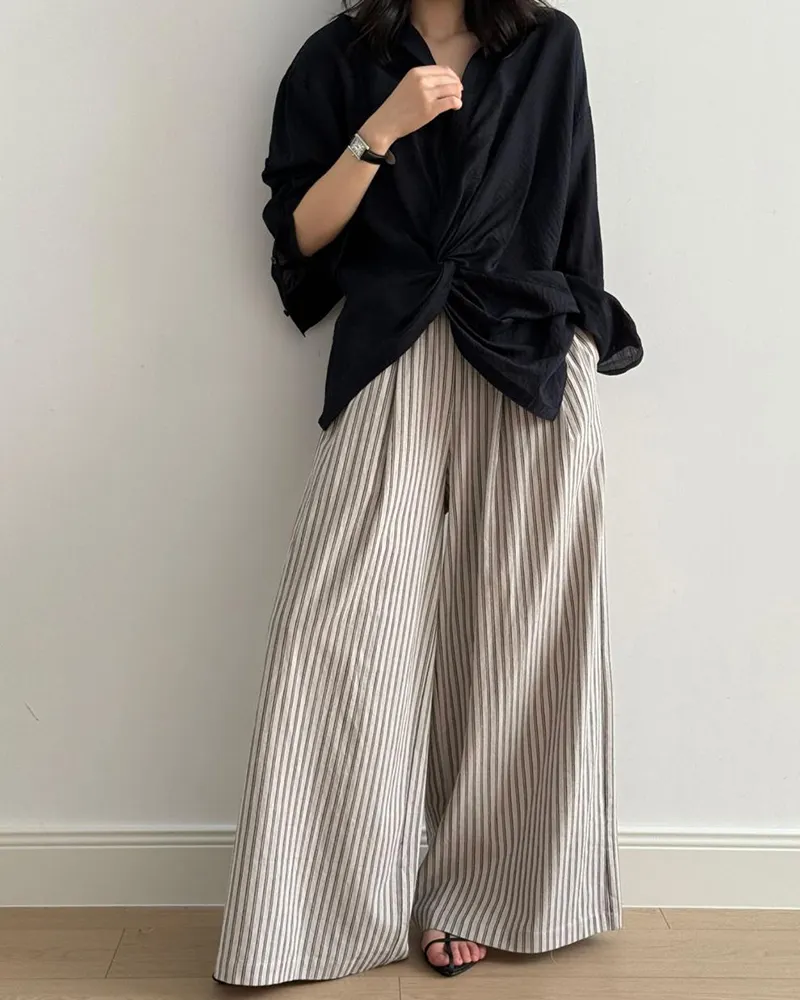 Striped Elastic Waistband Side Pockets Wide Leg Pants