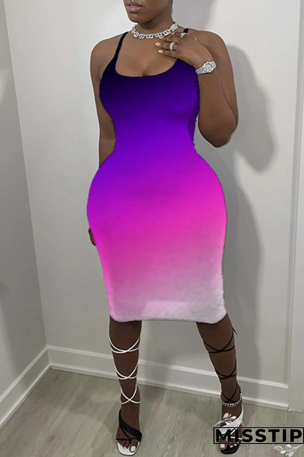 Pink Sexy Casual Gradual Change Print Backless Spaghetti Strap Sleeveless Dress