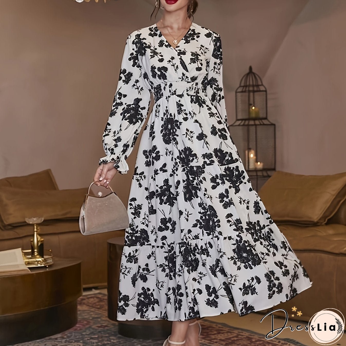 Floral Print Lantern Sleeve Dress, Casual V Neck Cinched Waist Dress For Spring & Fall, Women's Clothing