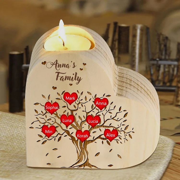 To My Family Wooden Heart Candle Holder Custom 8 Names Family Tree Candlesticks