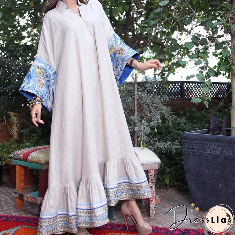 Stand Collar Embroidery Sleeve Loose Maxi Dress
