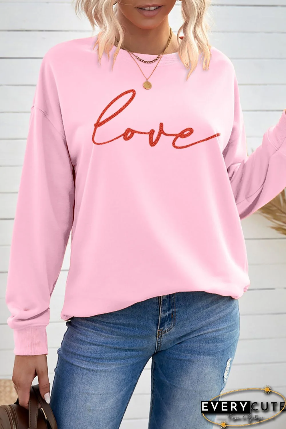 Pink Love Glitter Pattern Print Crew Neck Sweatshirt