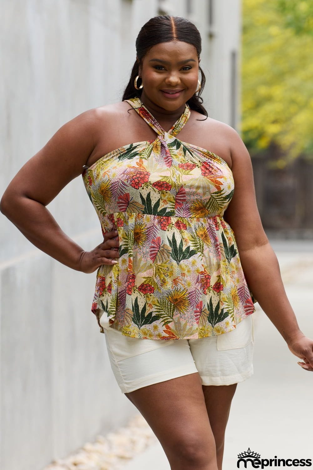 Be Stage Full Size Floral Halter Top in Green