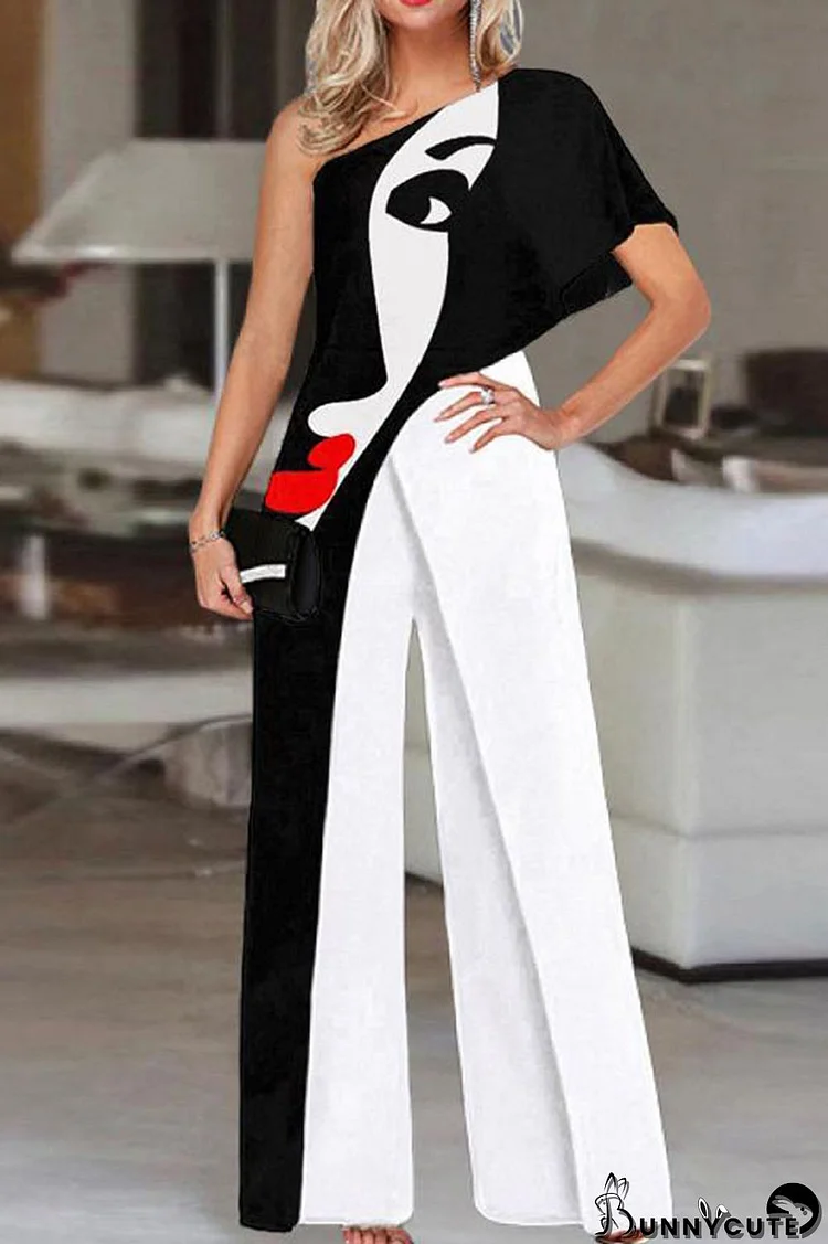 Black White Casual Print Patchwork Asymmetrical Oblique Collar Straight Jumpsuits