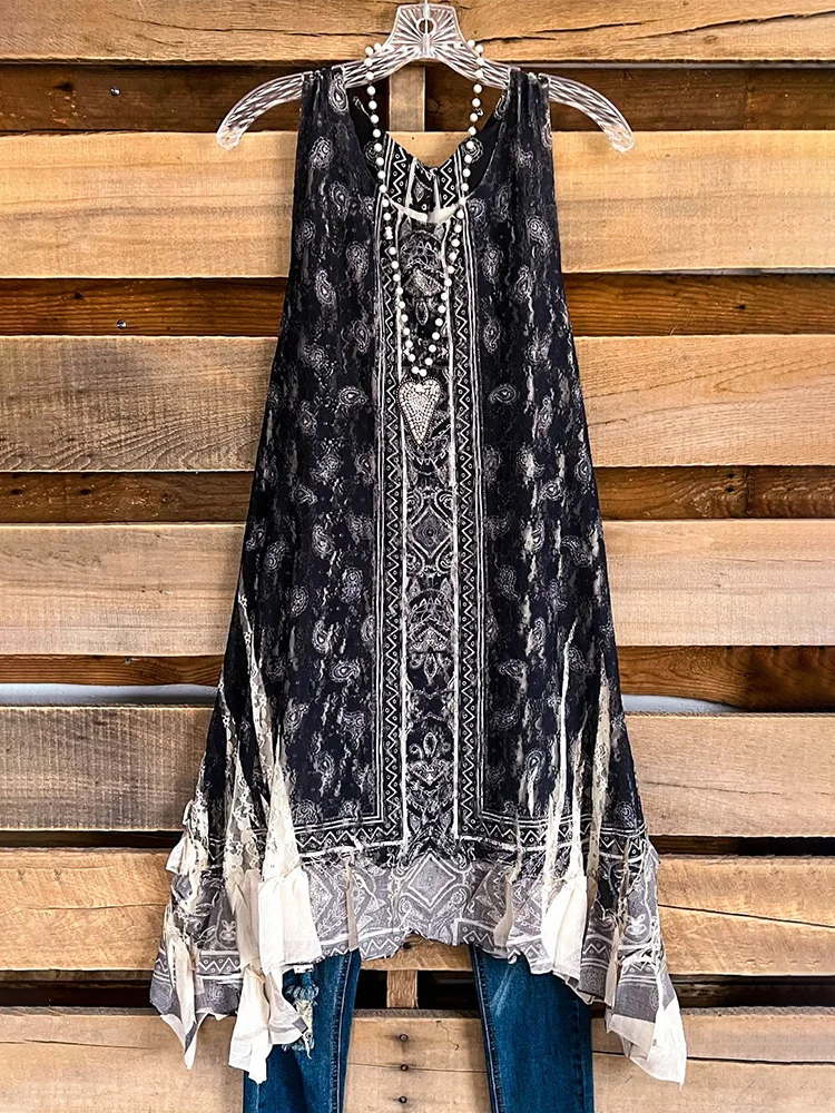 Women's Vintage Pattern Linen Blend Sleeveless Top