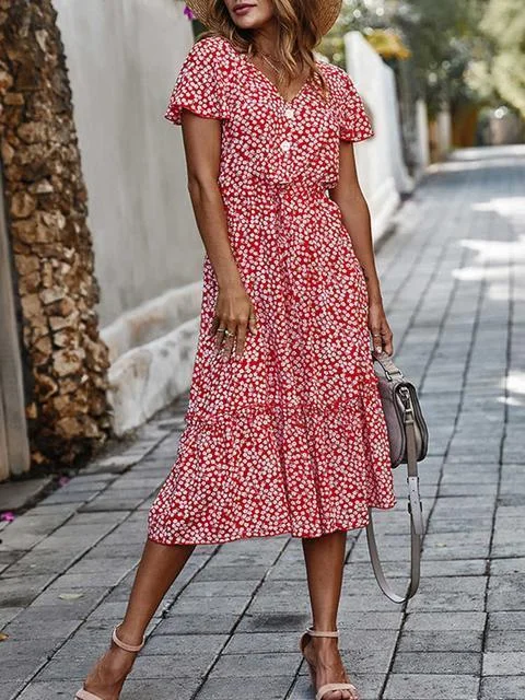 Floral Print Drawstring Waist Midi Dress-Allyzone-Allyzone