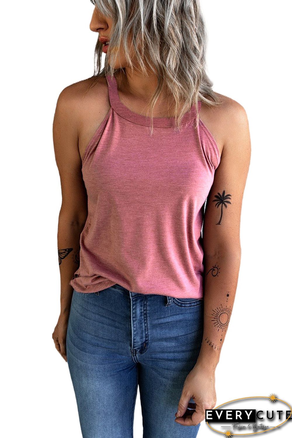 Pink Solid Color Crew Neck Tank Top