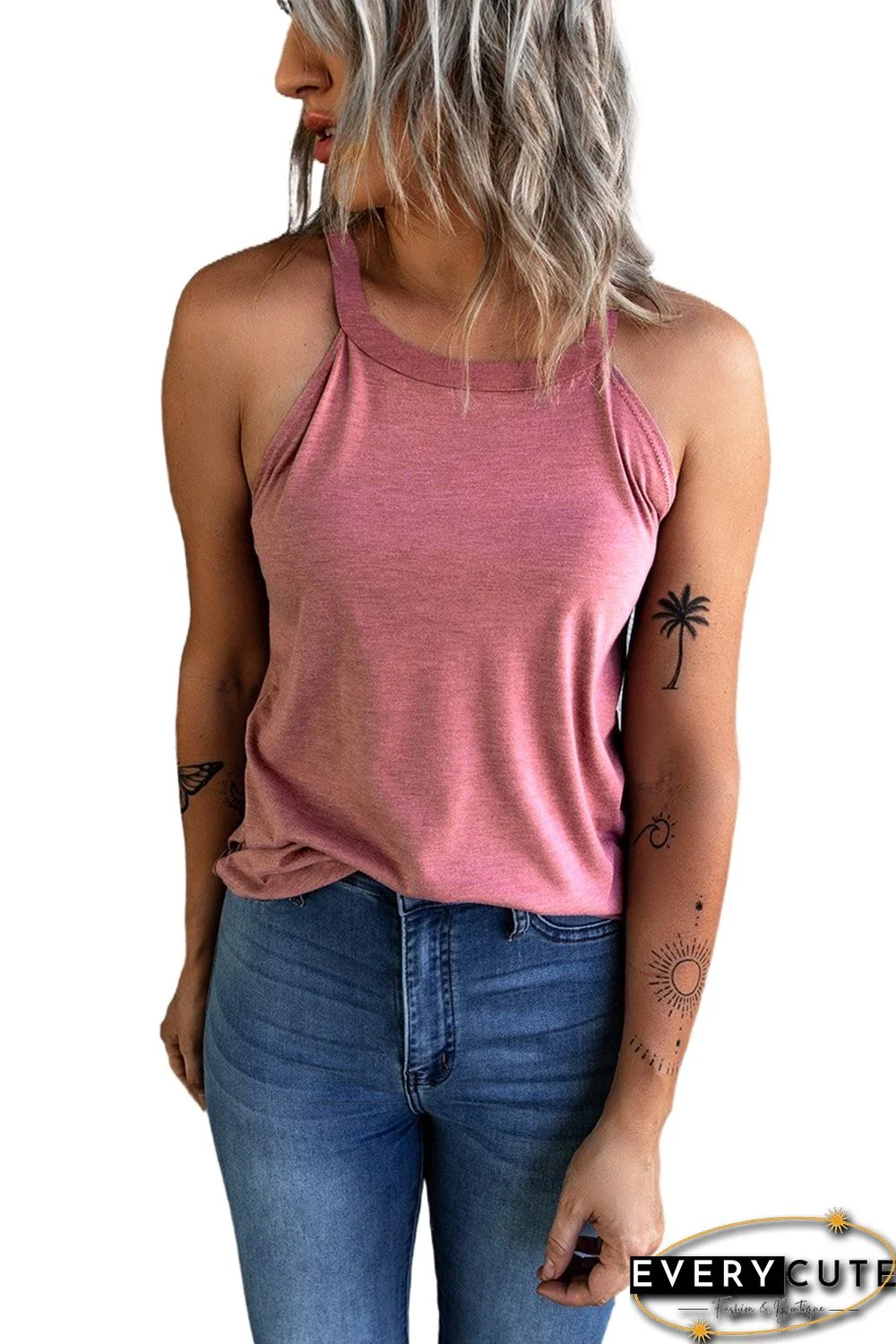 Pink Solid Color Crew Neck Tank Top