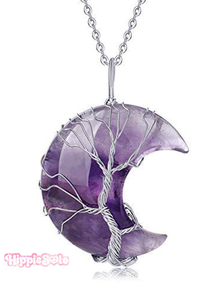 Handmade Natural Crystal Moon Shape Pendant Necklace Purple / Onesize
