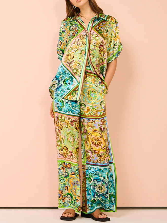 JOSELYN PAISLEY COLORBLOCK UNIQUE PRINT ELASTIC WAIST POCKET PANTS SET