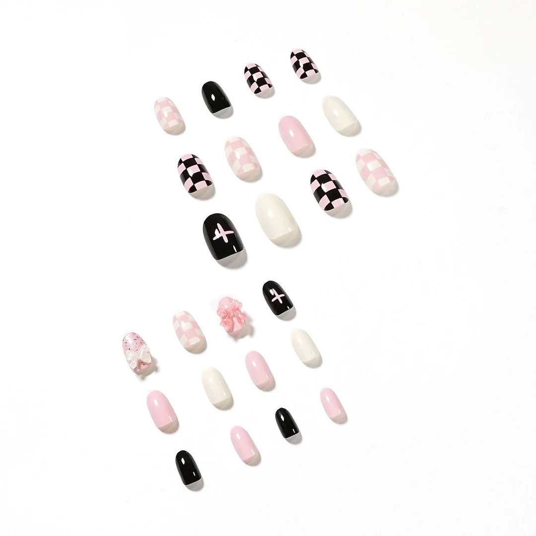 Fake Nail Mandarin Duck Checkerboard Lattice Full Cover Fake Nail DIY Glue Press On Nails Nail Supplies For Professional-Nail Inspo