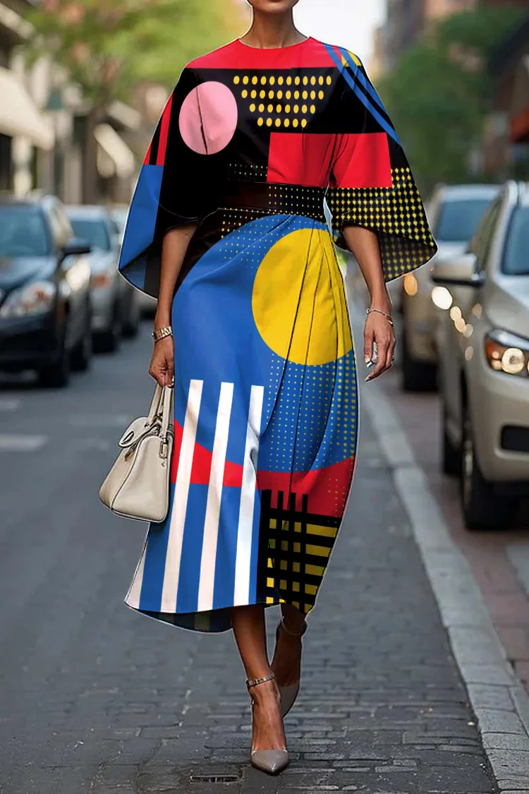 Women's Elegant Abstract Art Print Midi Dress