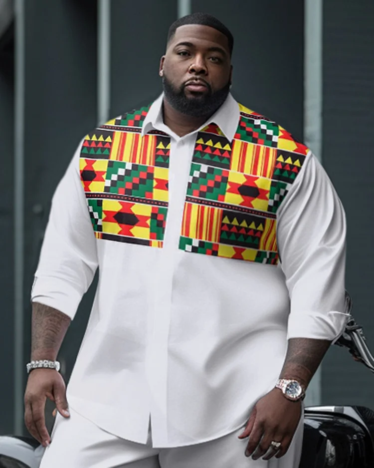 Men's Plus Size Ethnic Check Long Sleeve Shirt Two-Piece Set