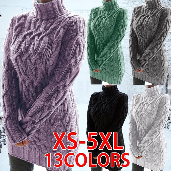 NEW  Women Fashion Long Sweater Dress High Collar Knitted Sweater Solid Color Thicken Pullovers - Shop Trendy Women's Fashion | TeeYours