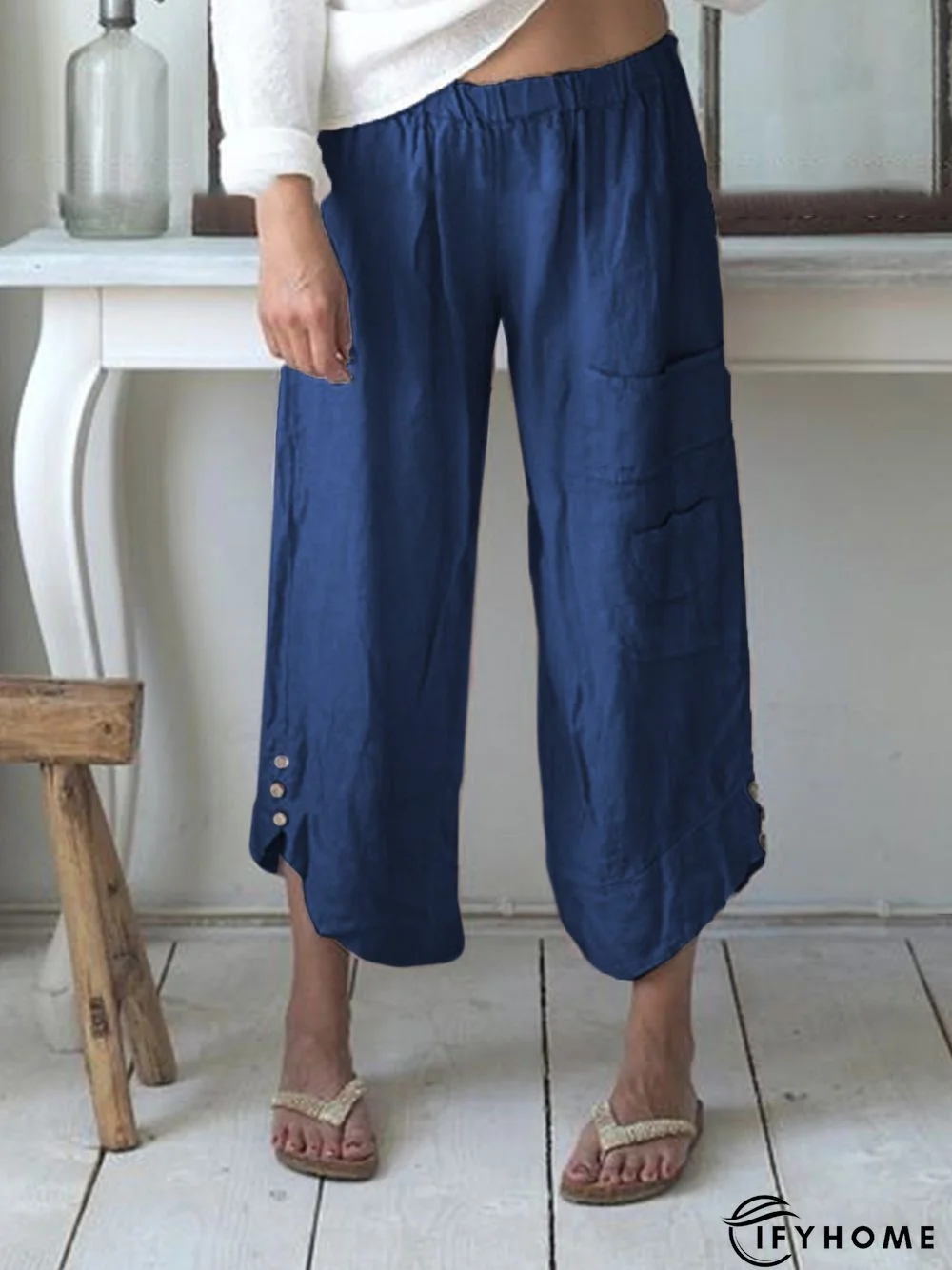 Pockets Buttoned Elastic Waist Stylish Casual Capri Pants | IFYHOME