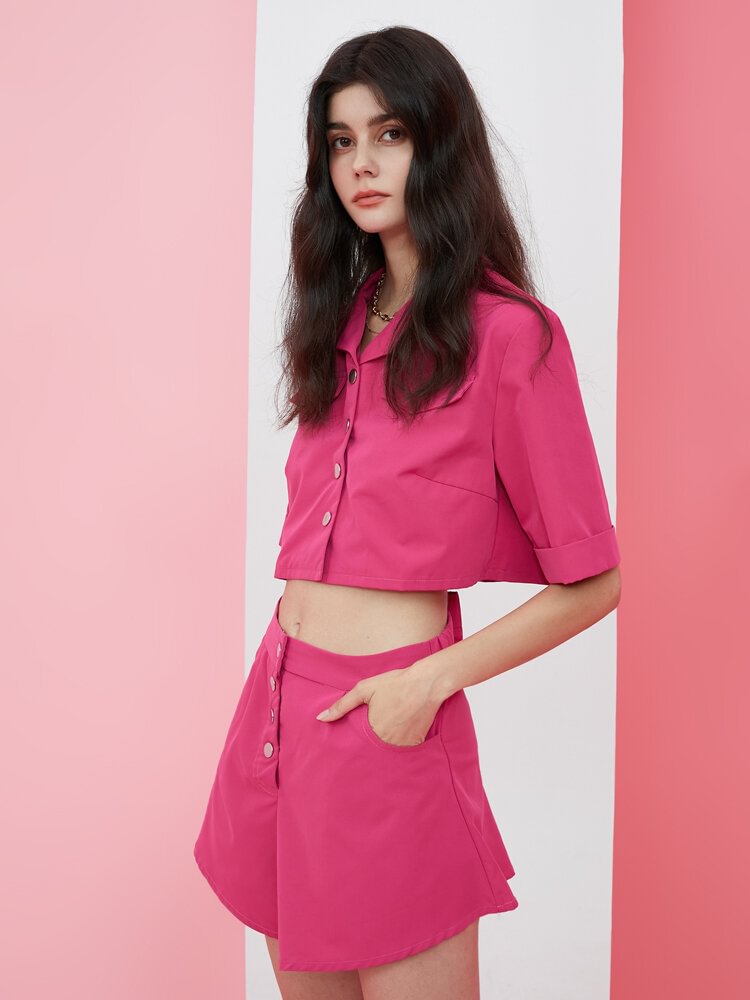 Pink Button Front Pocket Short Sleeve Two Pieces Crop Suit - Shop Trendy Women's Clothing | LoverChic