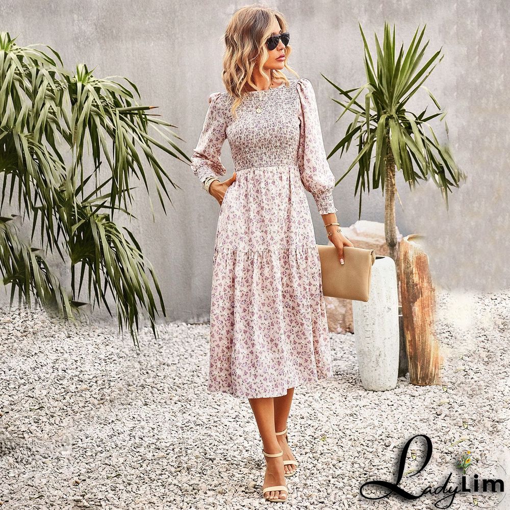 Spring Summer Chic Slim Waist Print Casual Holidays Women Dress