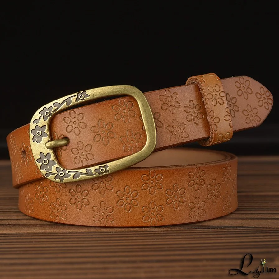 Casual needle buckle leather ladies belt fashion trend embossed real leather belt jeans with women