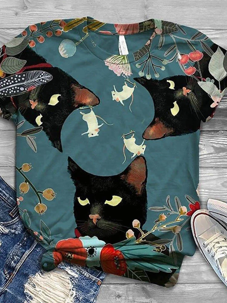 Funny Cartoon Black Cat And Mouse Print Casual T-shirt