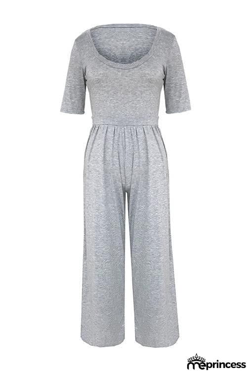U Neck Short Sleeve Loose Jumpsuit