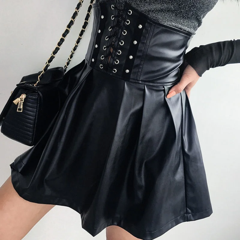 2019 Autumn Fashion Vintage Lolita Style Punk Women Skirts High Waist Bandage PU Leather A-line Skirts