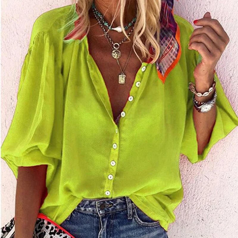 Casual Solid Oversized Loose Shirt Vintage Button Tunic Summer Tops and Blouses Women's Clothing blusas mujer de moda 2021