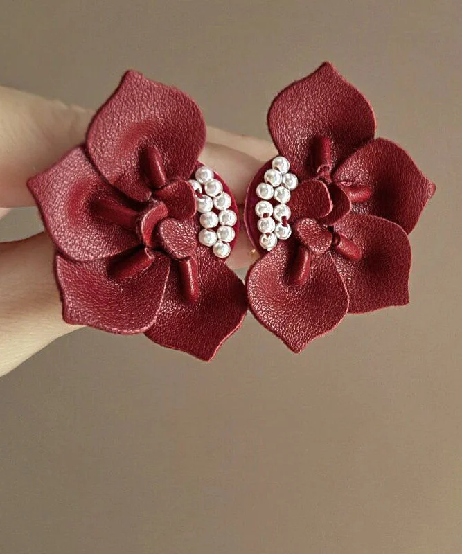 Regular Red Faux Leather Pearl Jasmine Stud Earrings