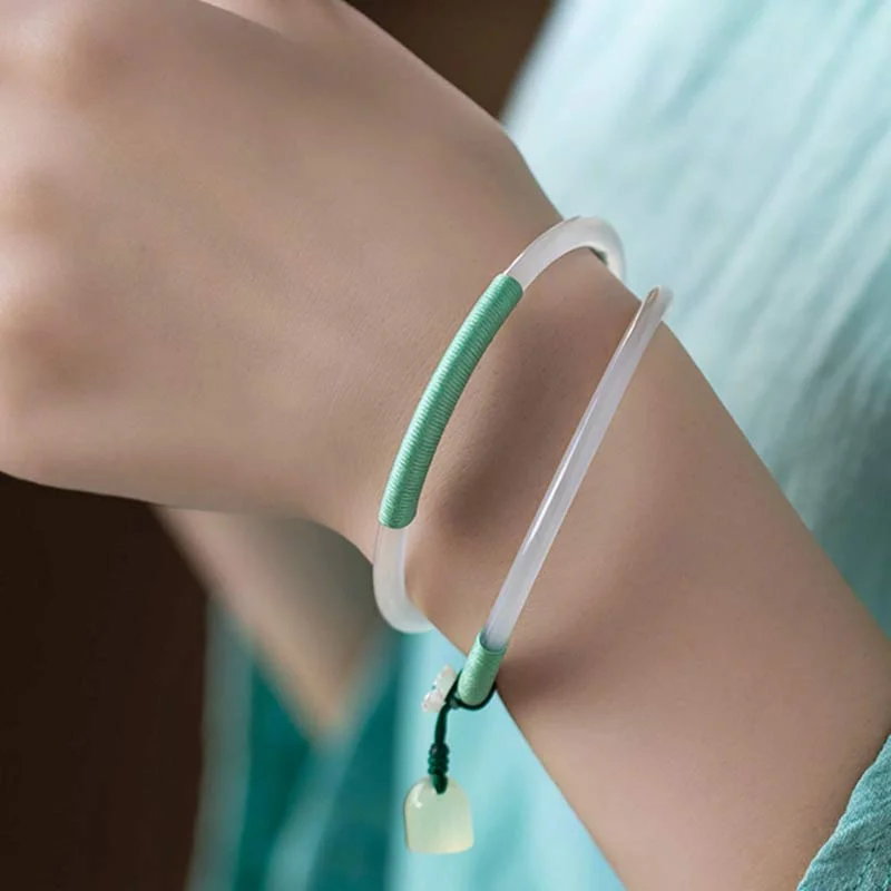 Natural Chalcedony Green Aventurine Lotus Bell Blessing Bracelet Bangle