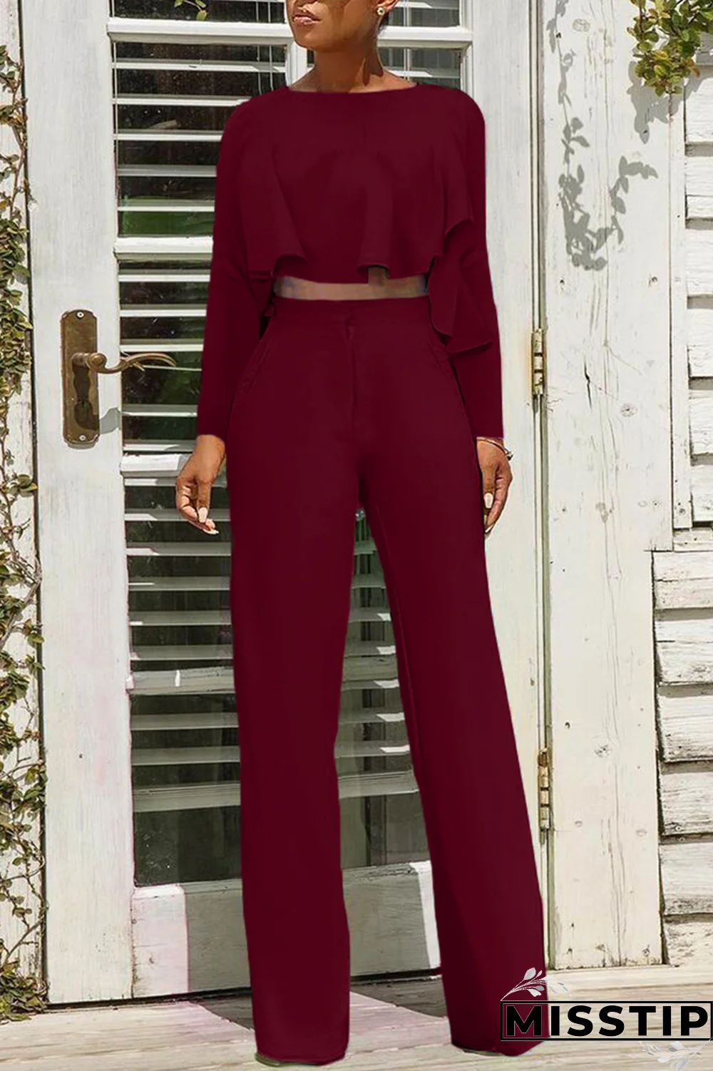 Green Casual Solid Flounce O Neck Long Sleeve Two Pieces