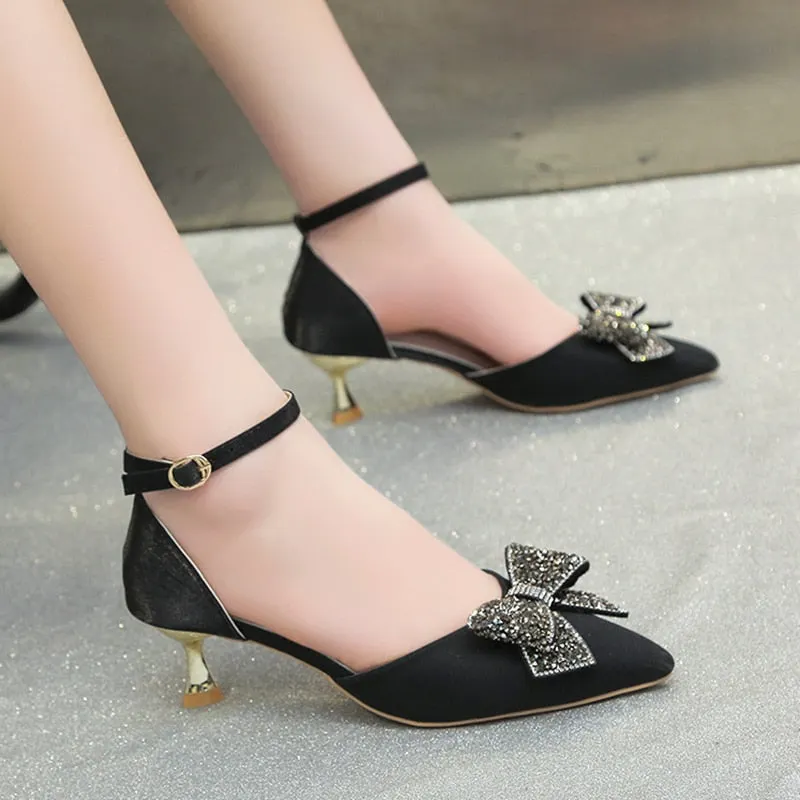 Crystal Bowknot Pumps For Women Ankle Strap Thin High Heels Shoes Woman Spring 2022 Sexy Pointed Toe Slik Wedding Shoes