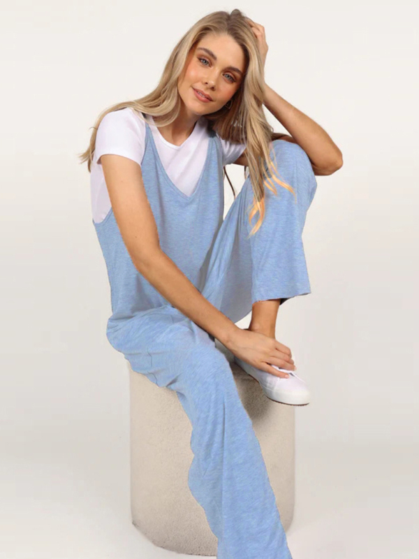 Oversized knit two-pocket fit oversized jumpsuit blue