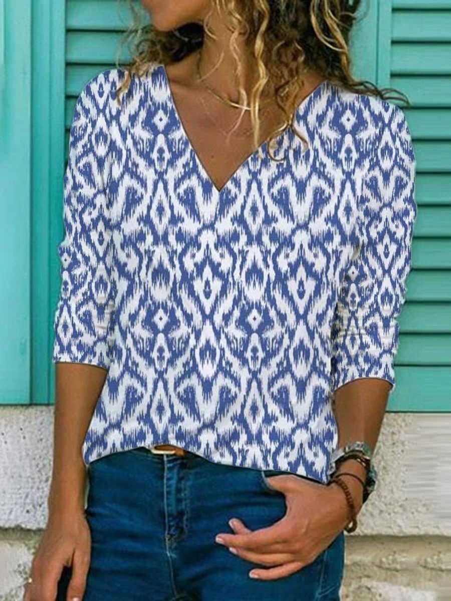 Blue Tribal Printed Casual V Neck Long Sleeve Shift Shirts & Tops