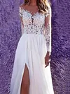 Embroidered Pleated Split-Side Backless V-Neck Long Sleeves Wedding Dress
