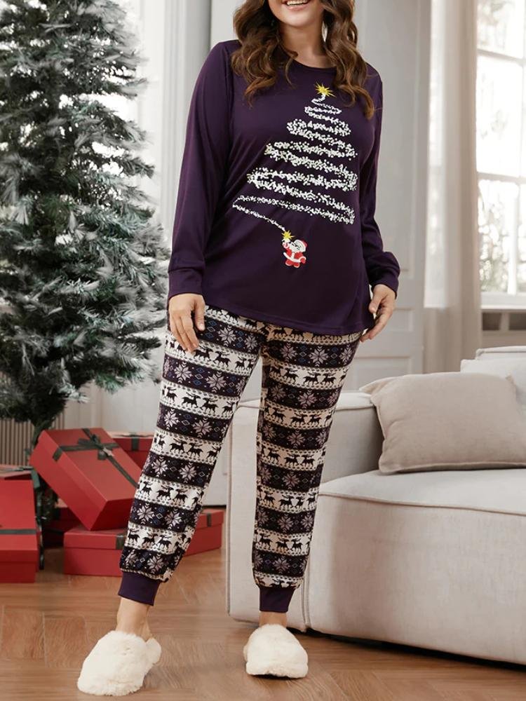 Elk & Snowflake Print Striped Pajama Set