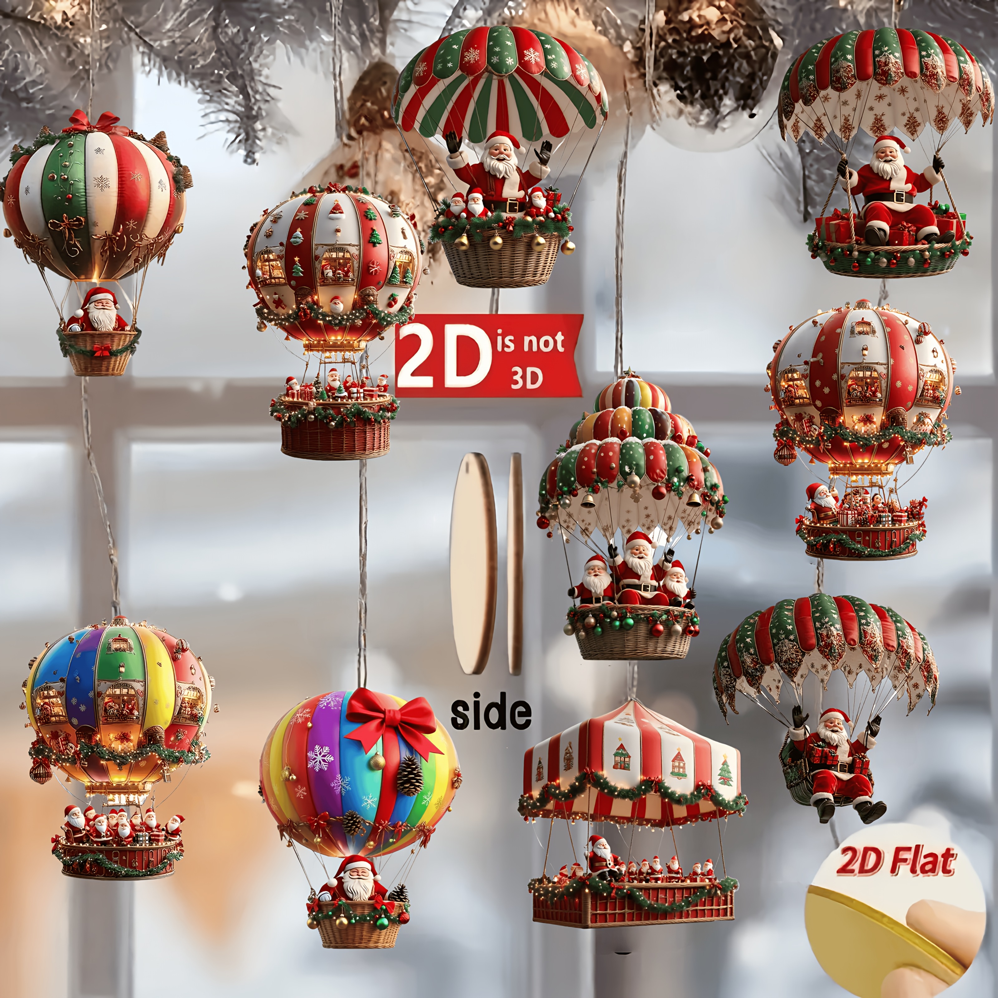 Tegooe 10-Piece Christmas Wooden Ornament Set Flat 2D Printed Santa Theme Pendants